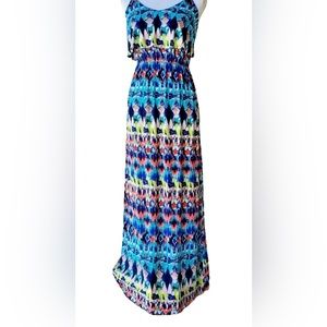 Trixie Spaghetti Strap Watercolored Sexy Maxi Sundress Peplum Dress Blues Greens